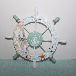 Nautical Ship Steering Wheel 11" Diameter Wooden Beach Home Wall Decor Shell Net